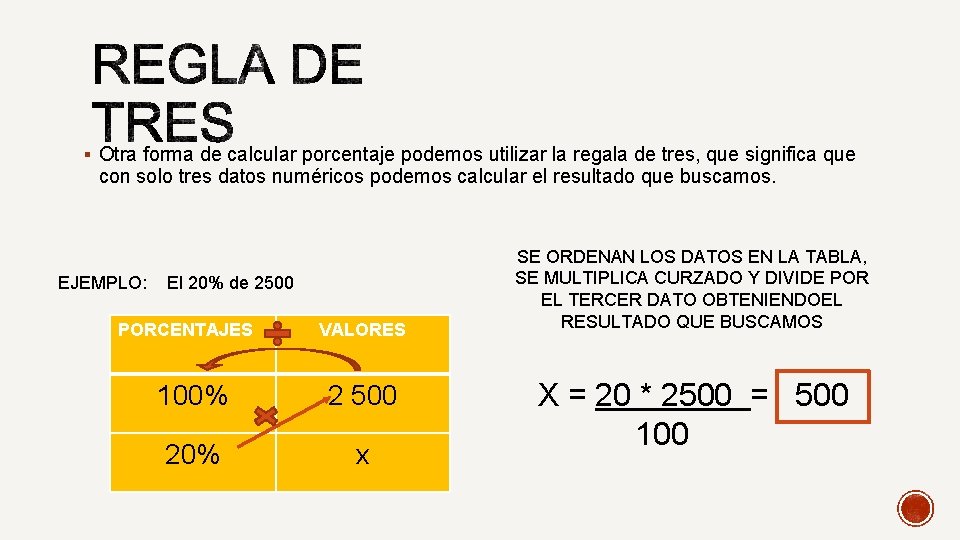 § Otra forma de calcular porcentaje podemos utilizar la regala de tres, que significa