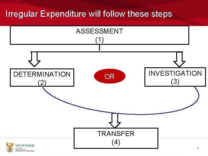 Irregular Expenditure will follow these steps ASSESSMENT (1) DETERMINATION (2) OR INVESTIGATION (3) TRANSFER Irregular Expenditure will follow these steps ASSESSMENT (1) DETERMINATION (2) OR INVESTIGATION (3) TRANSFER