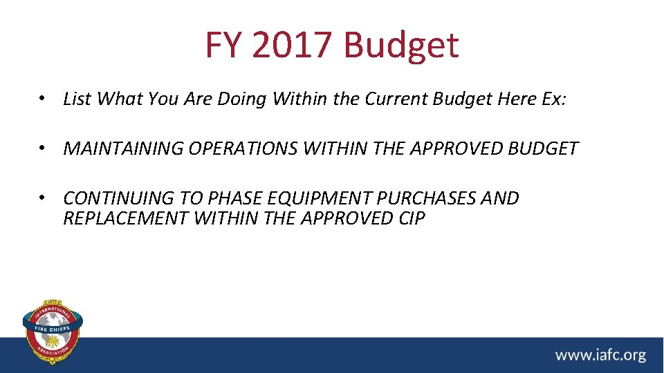 FY 2017 Budget • List What You Are Doing Within the Current Budget Here