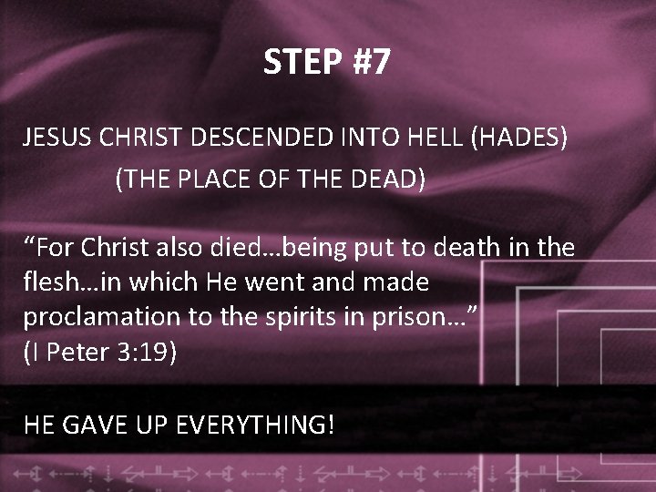 STEP #7 JESUS CHRIST DESCENDED INTO HELL (HADES) (THE PLACE OF THE DEAD) “For