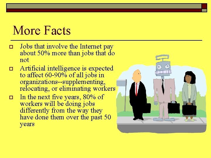 More Facts o o o Jobs that involve the Internet pay about 50% more