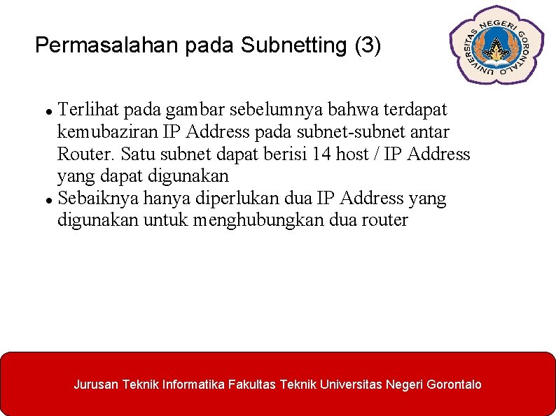Permasalahan pada Subnetting (3) Terlihat pada gambar sebelumnya bahwa terdapat kemubaziran IP Address pada