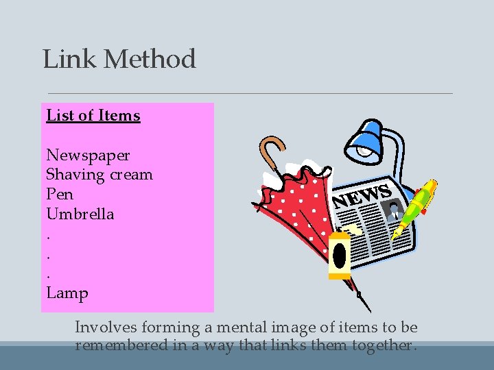 Link Method List of Items Newspaper Shaving cream Pen Umbrella. . . Lamp Involves