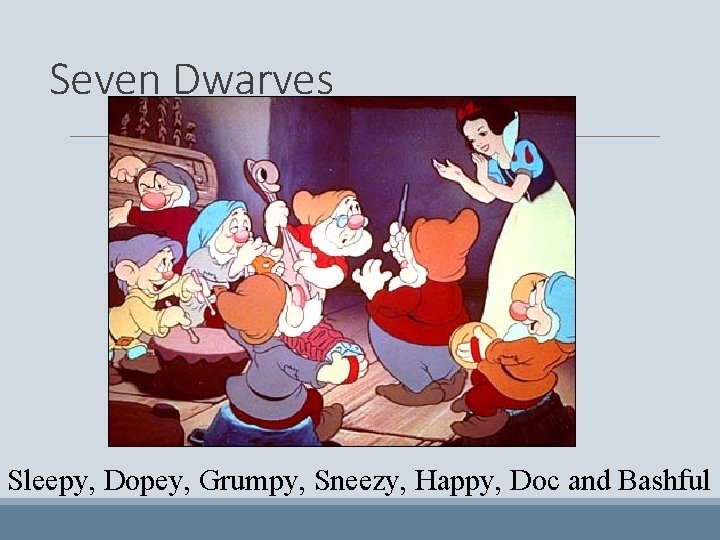 Seven Dwarves Sleepy, Dopey, Grumpy, Sneezy, Happy, Doc and Bashful 