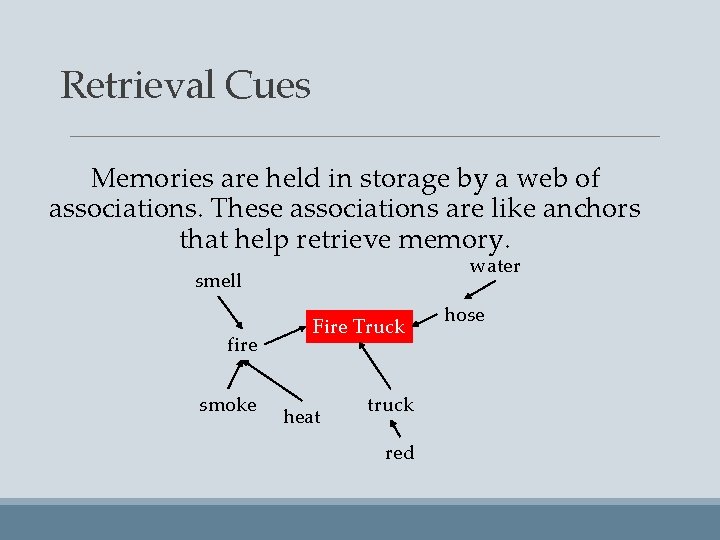 Retrieval Cues Memories are held in storage by a web of associations. These associations