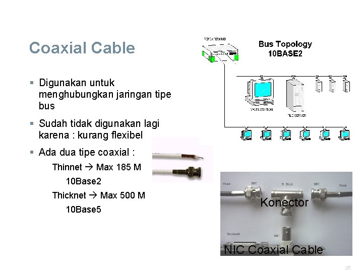 Coaxial Cable § Digunakan untuk menghubungkan jaringan tipe bus § Sudah tidak digunakan lagi