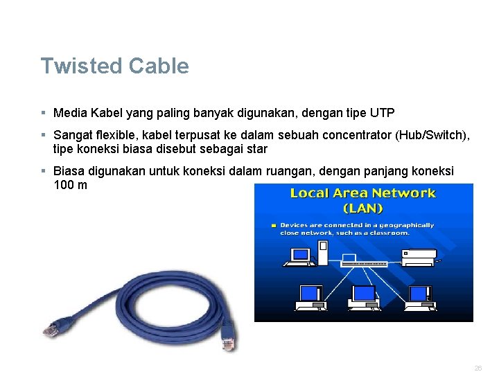Twisted Cable § Media Kabel yang paling banyak digunakan, dengan tipe UTP § Sangat