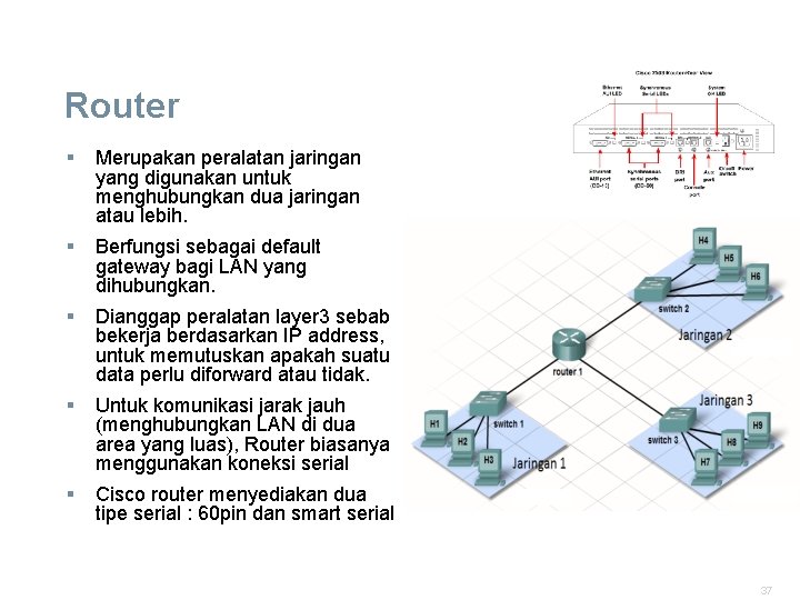 Router § Merupakan peralatan jaringan yang digunakan untuk menghubungkan dua jaringan atau lebih. §