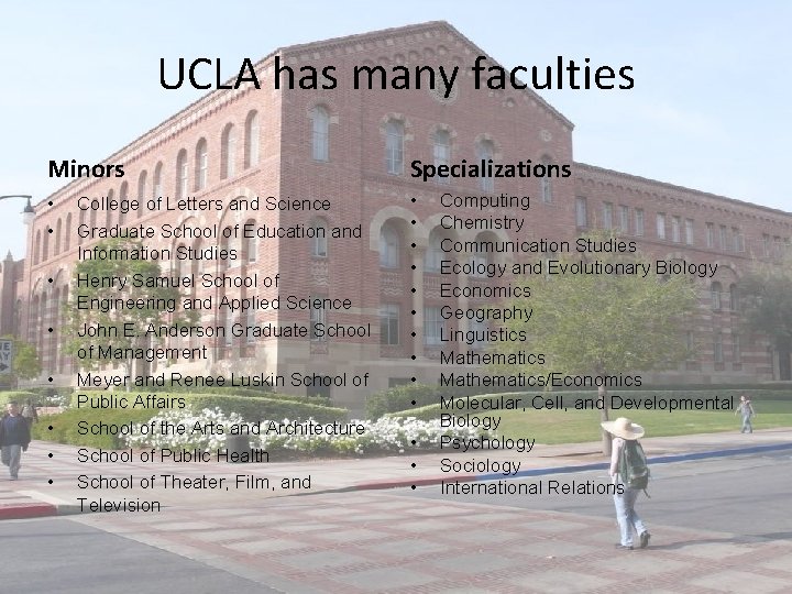 UCLA has many faculties Minors Specializations • • • • • College of Letters