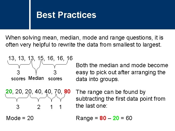 Best Practices When solving mean, median, mode and range questions, it is often very