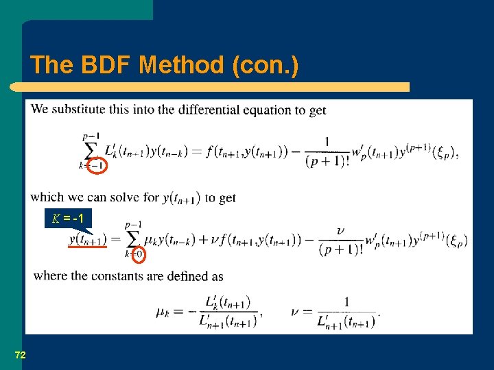 The BDF Method (con. ) K = -1 72 