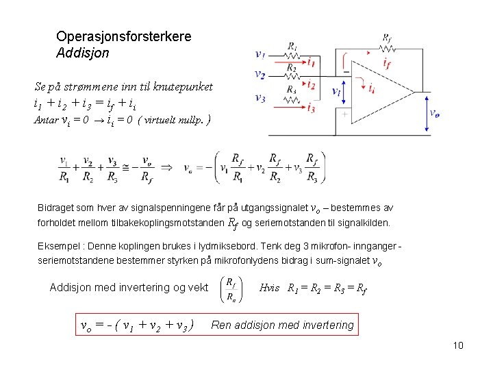 Operasjonsforsterkere Addisjon Se på strømmene inn til knutepunket i 1 + i 2 +