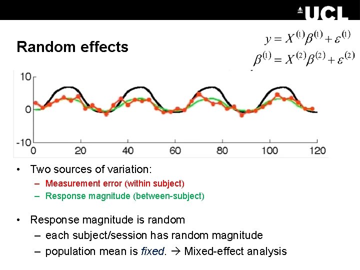 Random effects • Two sources of variation: – Measurement error (within subject) – Response