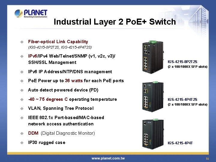 Industrial Layer 2 Po. E+ Switch u Fiber-optical Link Capability (IGS-4215 -8 P 2