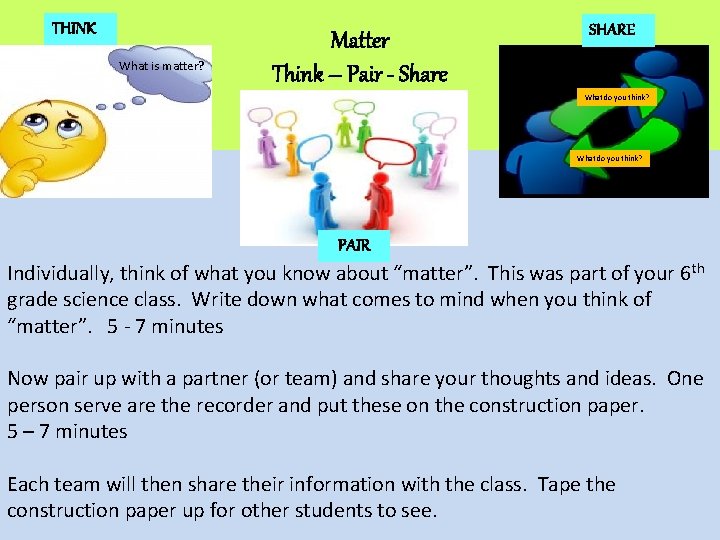 THINK What is matter? Matter Think – Pair - Share SHARE What do you