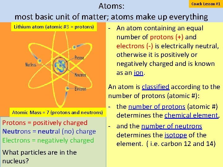 Coach Lesson #1 Atoms: most basic unit of matter; atoms make up everything Lithium