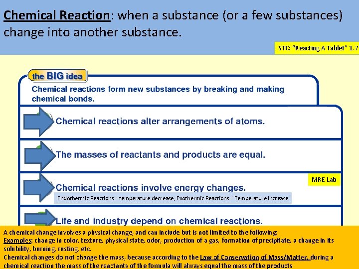 Chemical Reaction: when a substance (or a few substances) change into another substance. STC: