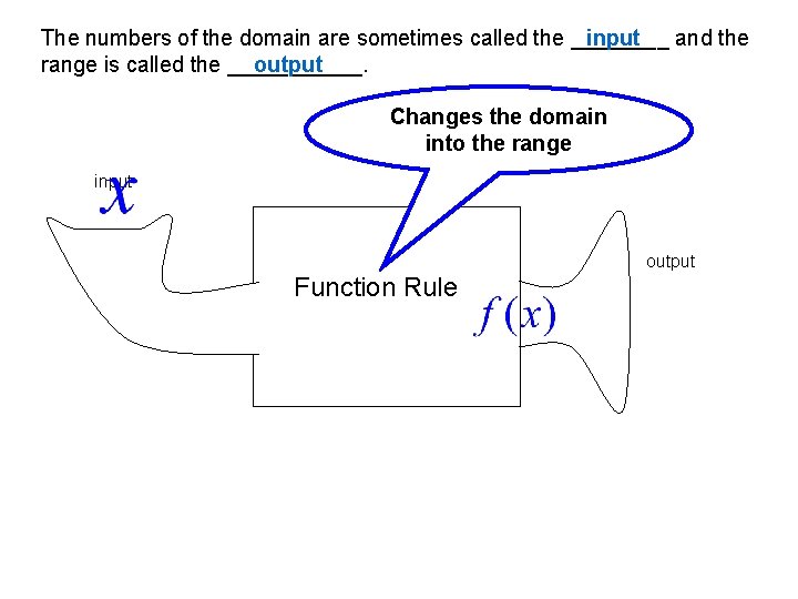 input The numbers of the domain are sometimes called the ____ and the output