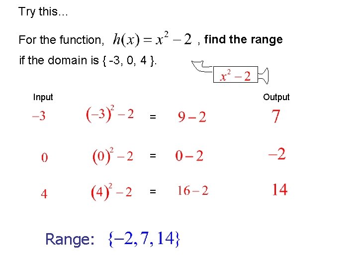 Try this… , find the range For the function, if the domain is {