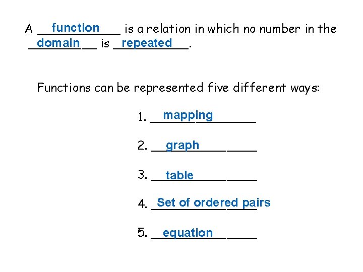 function A ______ is a relation in which no number in the domain repeated