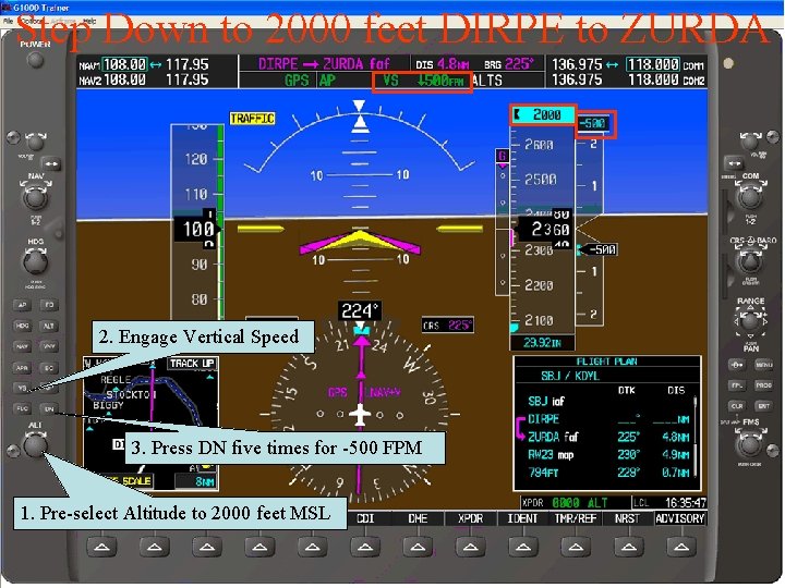 Step Down to 2000 feet DIRPE to ZURDA 2. Engage Vertical Speed 3. Press