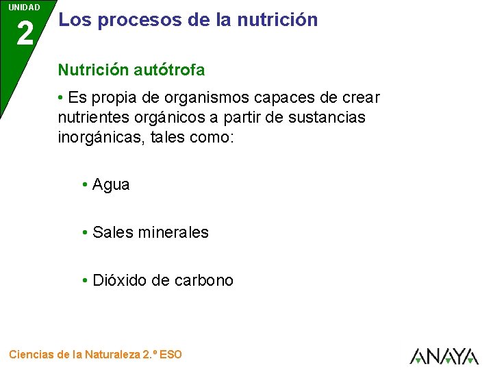 UNIDAD 2 Los procesos de la nutrición Nutrición autótrofa • Es propia de organismos UNIDAD 2 Los procesos de la nutrición Nutrición autótrofa • Es propia de organismos