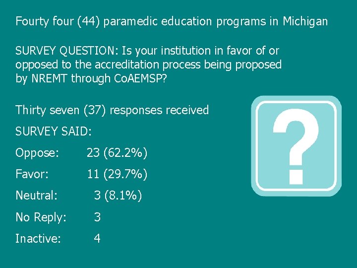 Fourty four (44) paramedic education programs in Michigan SURVEY QUESTION: Is your institution in