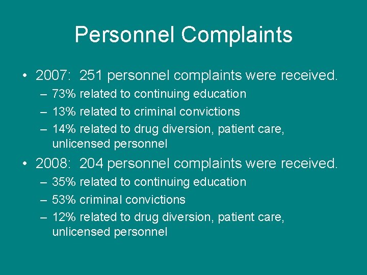 Personnel Complaints • 2007: 251 personnel complaints were received. – 73% related to continuing