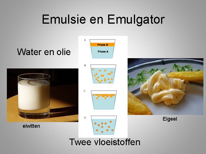 Emulsie en Emulgator Water en olie Eigeel eiwitten Twee vloeistoffen 