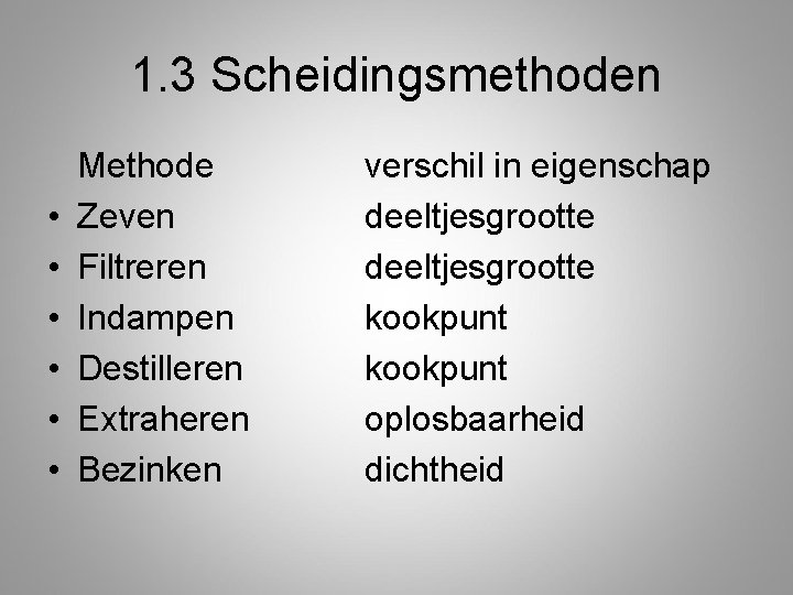 1. 3 Scheidingsmethoden • • • Methode Zeven Filtreren Indampen Destilleren Extraheren Bezinken verschil