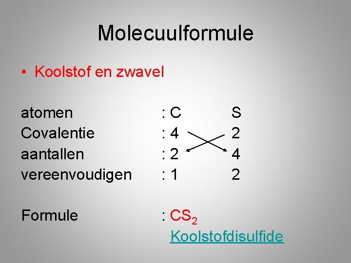 Molecuulformule • Koolstof en zwavel atomen Covalentie aantallen vereenvoudigen : C : 4 :