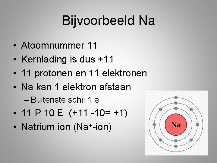 Bijvoorbeeld Na • • Atoomnummer 11 Kernlading is dus +11 11 protonen en 11 Bijvoorbeeld Na • • Atoomnummer 11 Kernlading is dus +11 11 protonen en 11