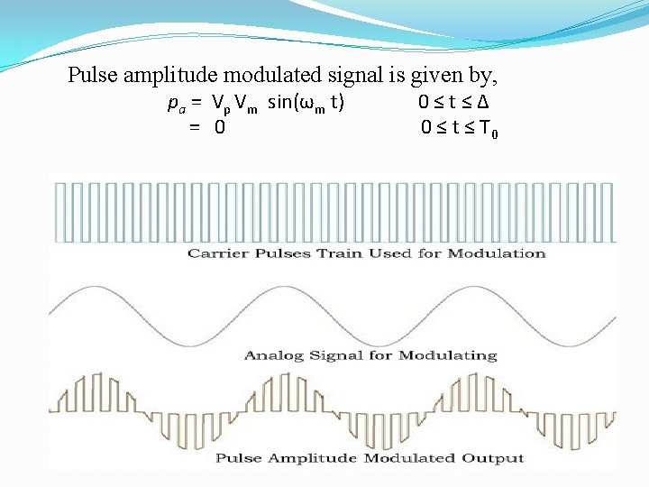 Pulse amplitude modulated signal is given by, pa = Vp Vm sin(ωm t) =