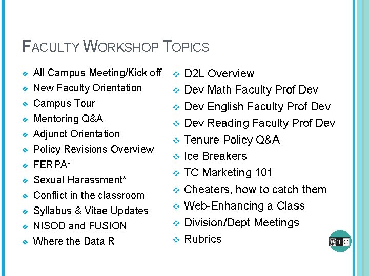 FACULTY WORKSHOP TOPICS v v v All Campus Meeting/Kick off New Faculty Orientation Campus