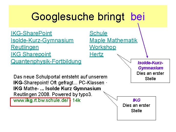 Googlesuche bringt bei IKG-Share. Point Isolde-Kurz-Gymnasium Reutlingen IKG Sharepoint Quantenphysik-Fortbildung Schule Maple Mathematik Workshop