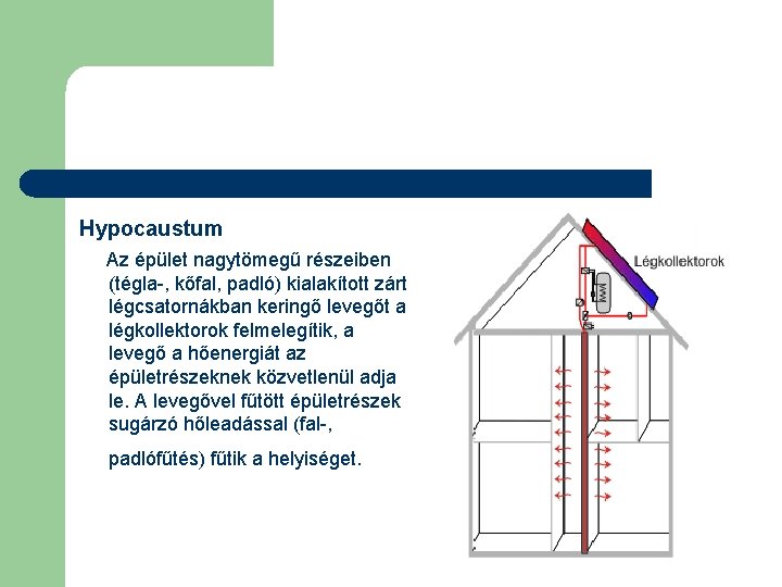 Hypocaustum Az épület nagytömegű részeiben (tégla-, kőfal, padló) kialakított zárt légcsatornákban keringő levegőt a