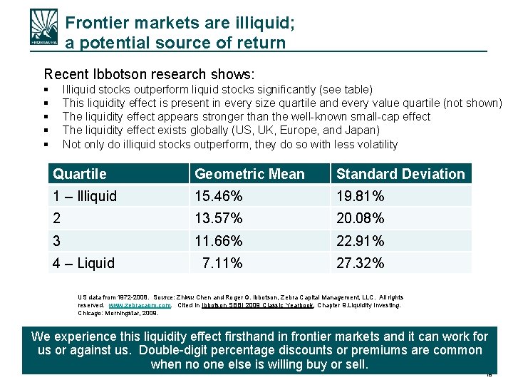 Frontier markets are illiquid; a potential source of return Recent Ibbotson research shows: §