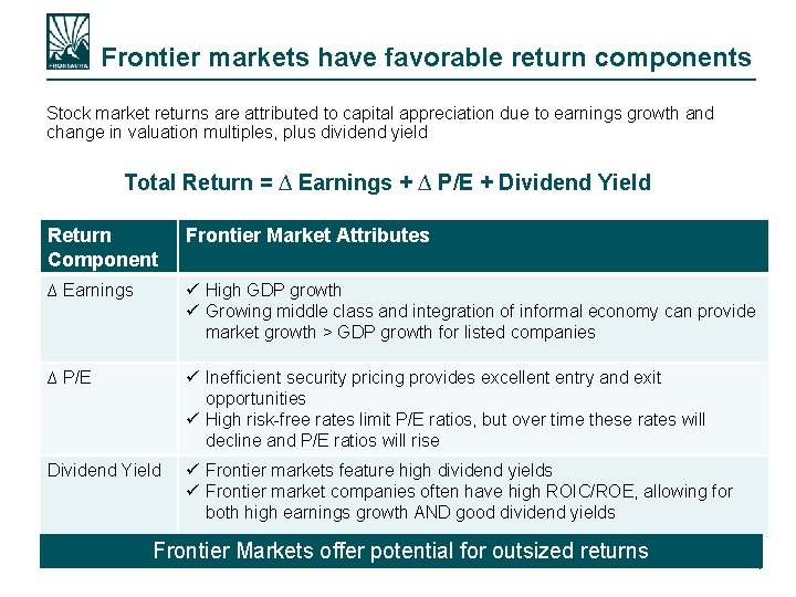 Frontier markets have favorable return components Stock market returns are attributed to capital appreciation