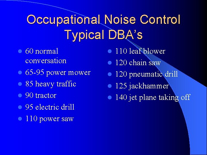Occupational Noise Control Typical DBA’s l l l 60 normal conversation 65 -95 power