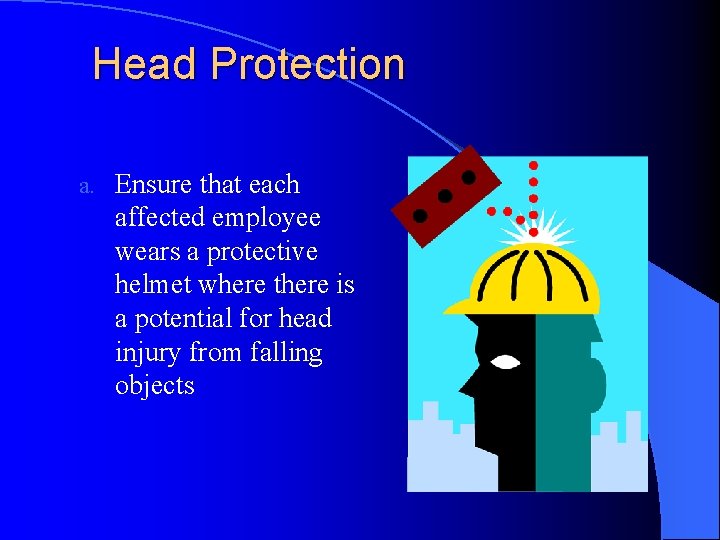 Head Protection a. Ensure that each affected employee wears a protective helmet where there