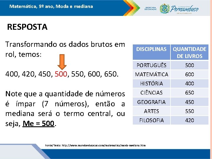 Matemática, 9º ano, Moda e mediana RESPOSTA Transformando os dados brutos em rol, temos: