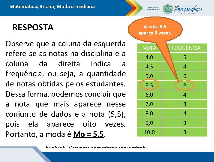 Matemática, 9º ano, Moda e mediana RESPOSTA Observe que a coluna da esquerda refere-se