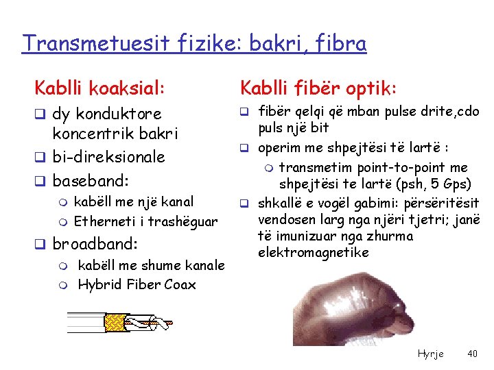 Transmetuesit fizike: bakri, fibra Kablli koaksial: Kablli fibër optik: q dy konduktore q fibër