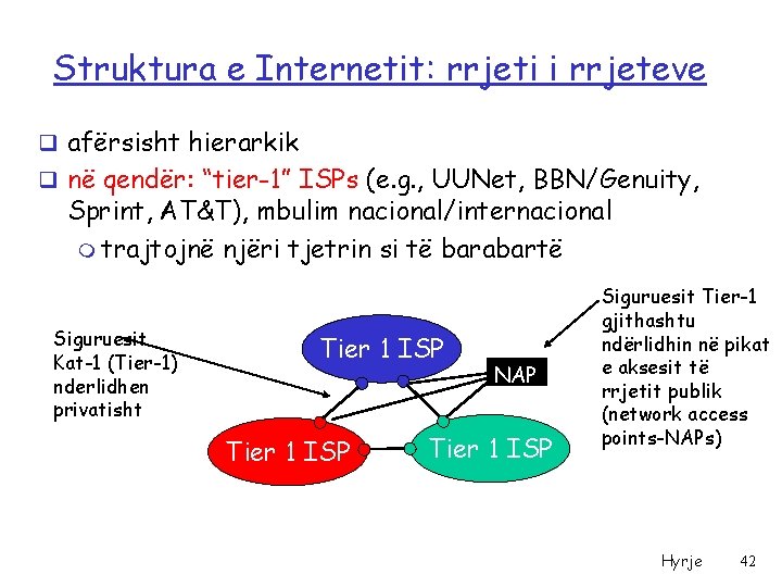 Struktura e Internetit: rrjeti i rrjeteve q afërsisht hierarkik q në qendër: “tier-1” ISPs