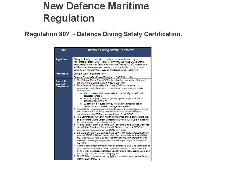 New Defence Maritime Regulation 802 - Defence Diving Safety Certification. 