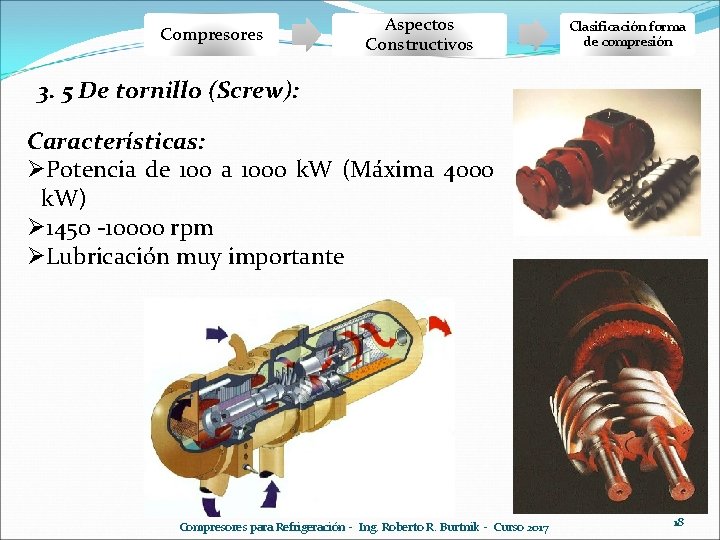 Compresores Aspectos Constructivos Clasificación forma de compresión 3. 5 De tornillo (Screw): Características: ØPotencia Compresores Aspectos Constructivos Clasificación forma de compresión 3. 5 De tornillo (Screw): Características: ØPotencia