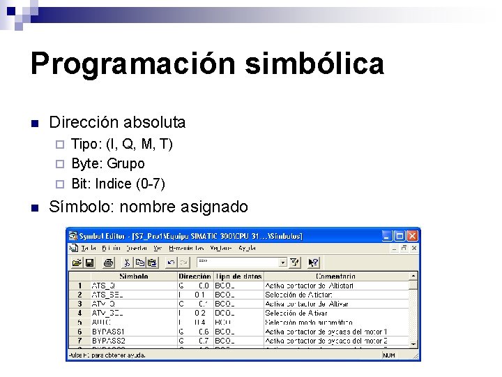 Programación simbólica n Dirección absoluta Tipo: (I, Q, M, T) ¨ Byte: Grupo ¨