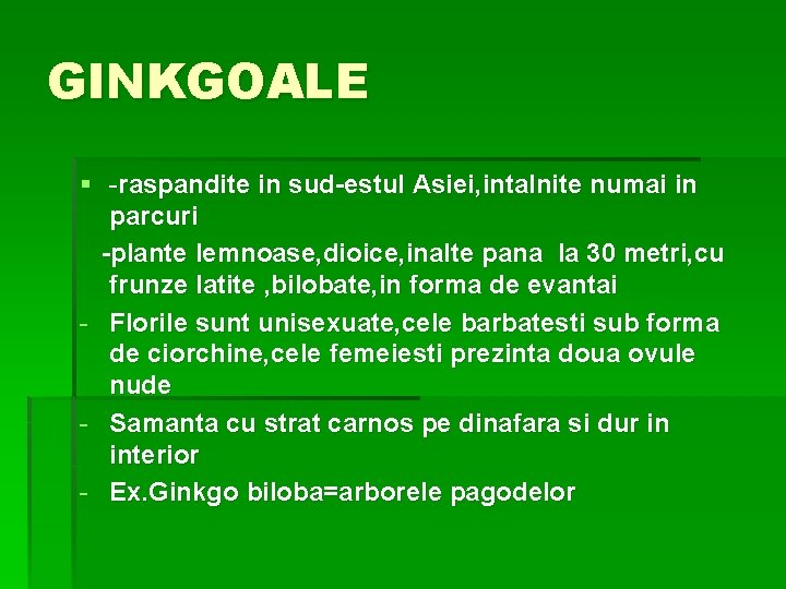 GINKGOALE § -raspandite in sud-estul Asiei, intalnite numai in parcuri -plante lemnoase, dioice, inalte