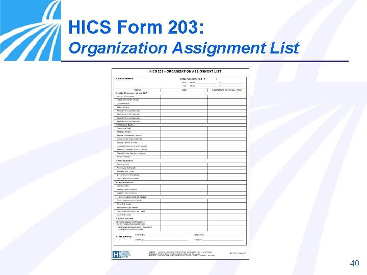 HICS Form 203: Organization Assignment List 40 