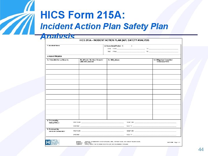 HICS Form 215 A: Incident Action Plan Safety Plan Analysis 44 